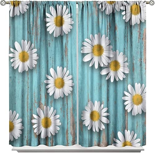 Miniatura 28 de Cortinas rústicas de cocina de granja, margaritas florales de granja de primavera, cortinas opacas de madera retro con bolsillo para barra, cortinas