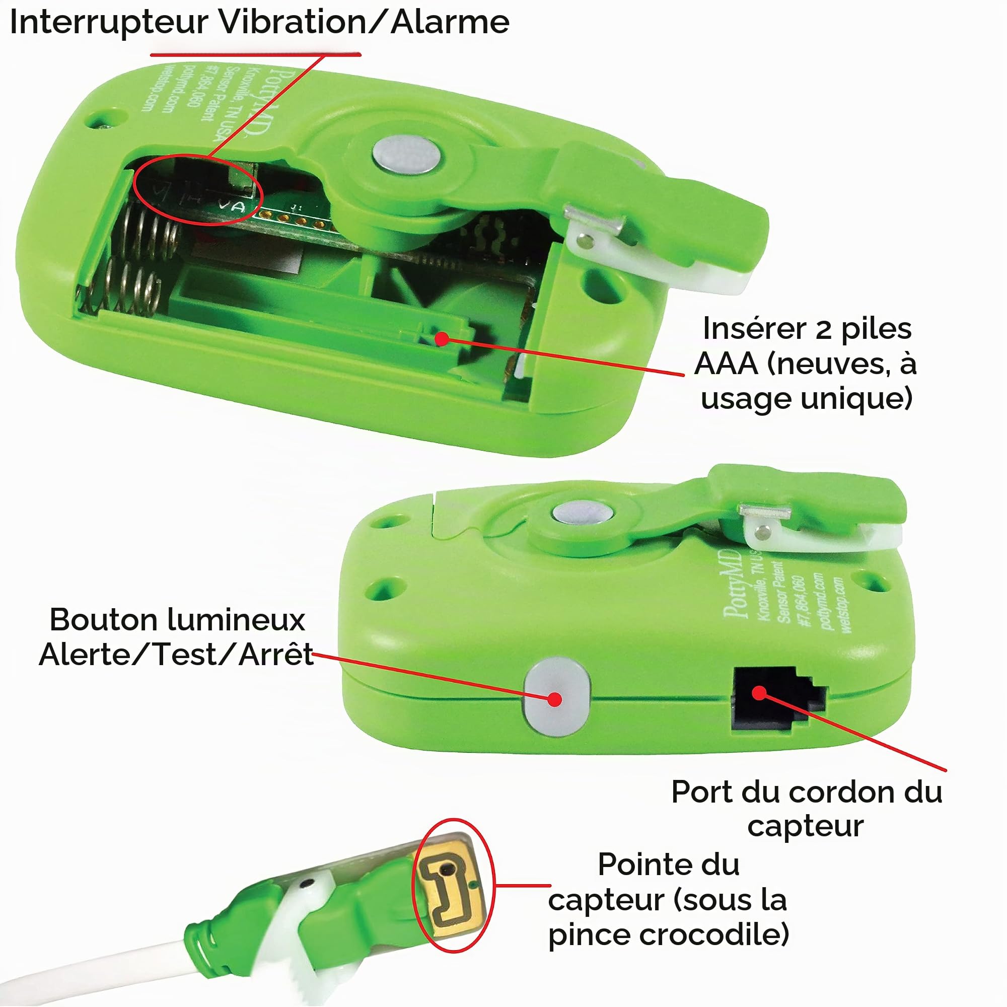 Wet-Stop 3 Alarme Enuresis Verte avec Sonore et Vibration Capteur d'humidité pour Garçon Fille