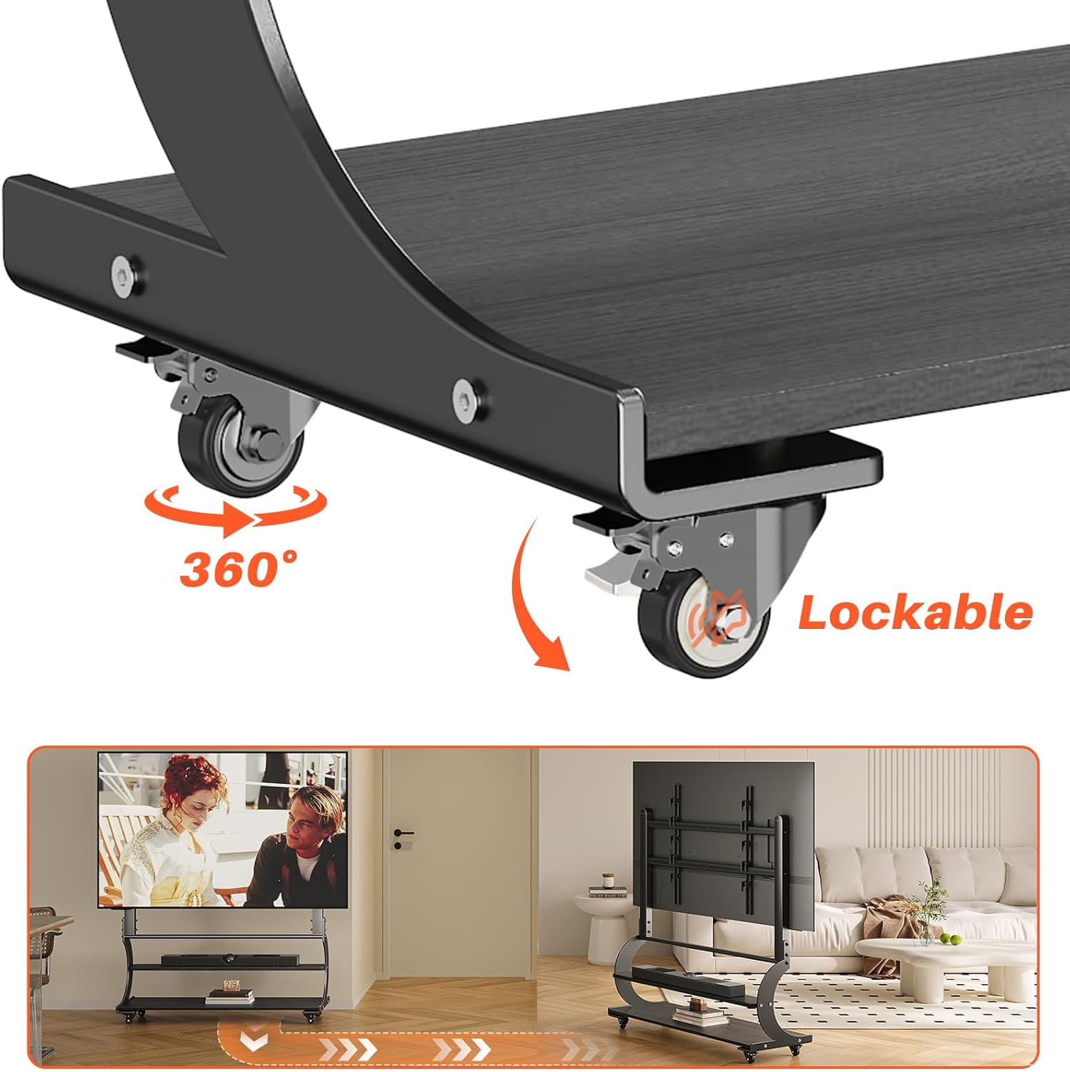 Rolling Easel TV Stand for 50-100 Inch TVs, Mobile TV Cart with Wooden Shelf and Wheels, Modern Floor Mobile TV Stand for Living Room, Office, Height Adjustable Holds up to 220lbs (Matte Black)