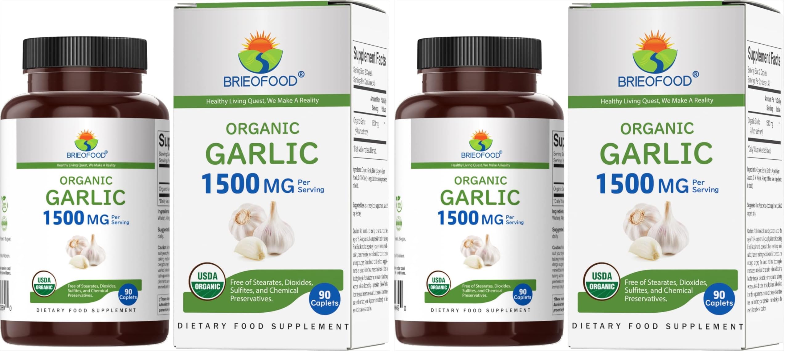 Brieofood Organic Garlic 1500mg, 45 Servings, Vegetarian, Gluten Free, 90 Vegetarian Tablets (Pack of 2) 90 Count (Pack of 2)