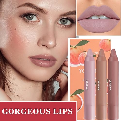 Miniatura 2 de Fusang Juego de 3 lápices labiales mate color nude, lápiz labial mate de larga duración para mujeres, juego de brillo labial nutritivo para mujeres,