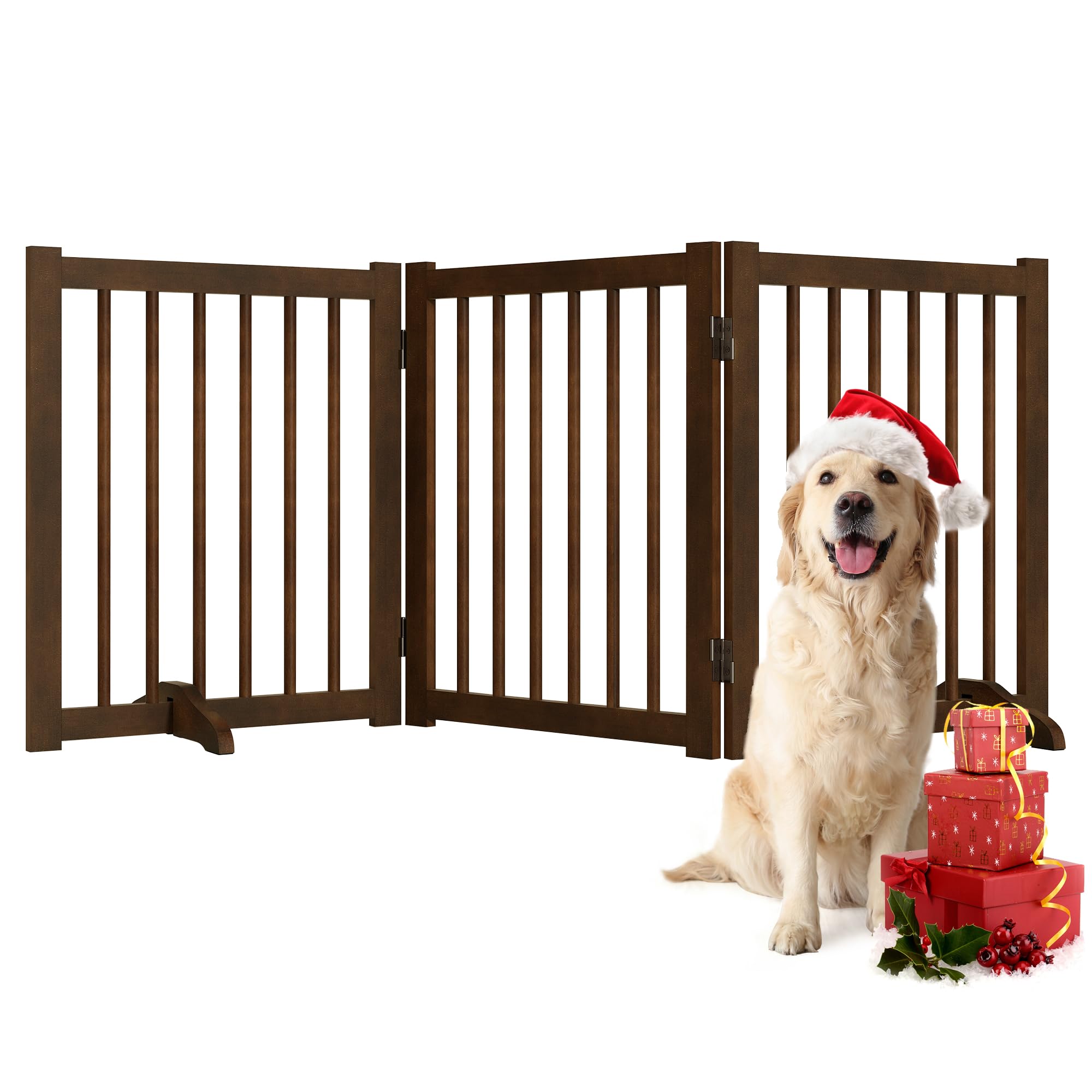Indoor Dog Gate,Wooden Freestanding Dog Gate for Stairs or Doorways-3 Panels 24" - Folding Solid Wood Safety Pet Fence with 2 Support Feet-Walnut
