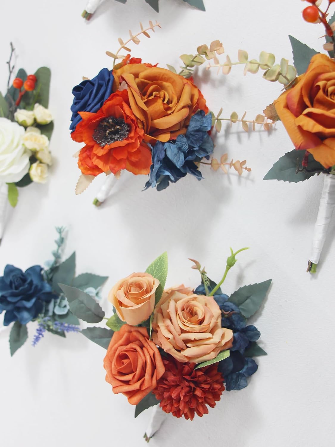 Rinlong 6Pcs Assorted Flower Centerpieces for Wedding Fall Terracotta Tables Centerpiece Burnt Orange Navy Blue Bridesmaid Bouquets