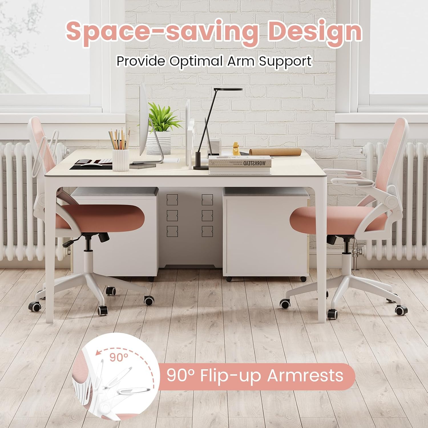 COSTWAY Office Chair, Comfy Swivel Rolling Desk Chair with Adjustable Height & Flip-Up Armrests, Ergonomic Mesh Computer Chairs with Lumbar Support for Working & Gaming, Pink
