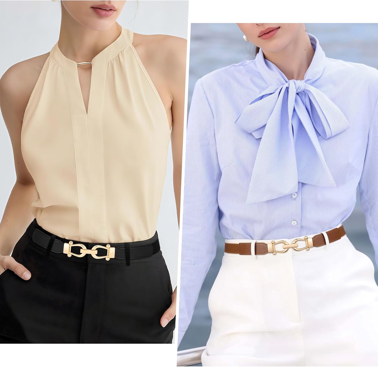 JASGOOD Women Skinny Elastic Belt for Dresses,Thin Retro Stretch Waist Belt with Golden Buckle - Image 4