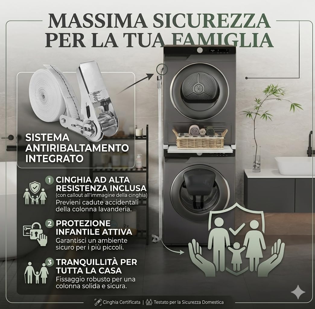 Ripiano Estraibile per Lavatrice e Asciugatrice 60x60 cm – Supporto Intermedio Salvaspazio con Binari in Alluminio, Piedini Antivibrazione, Cinghia di Sicurezza – Piano Piegabiancheria Robusto