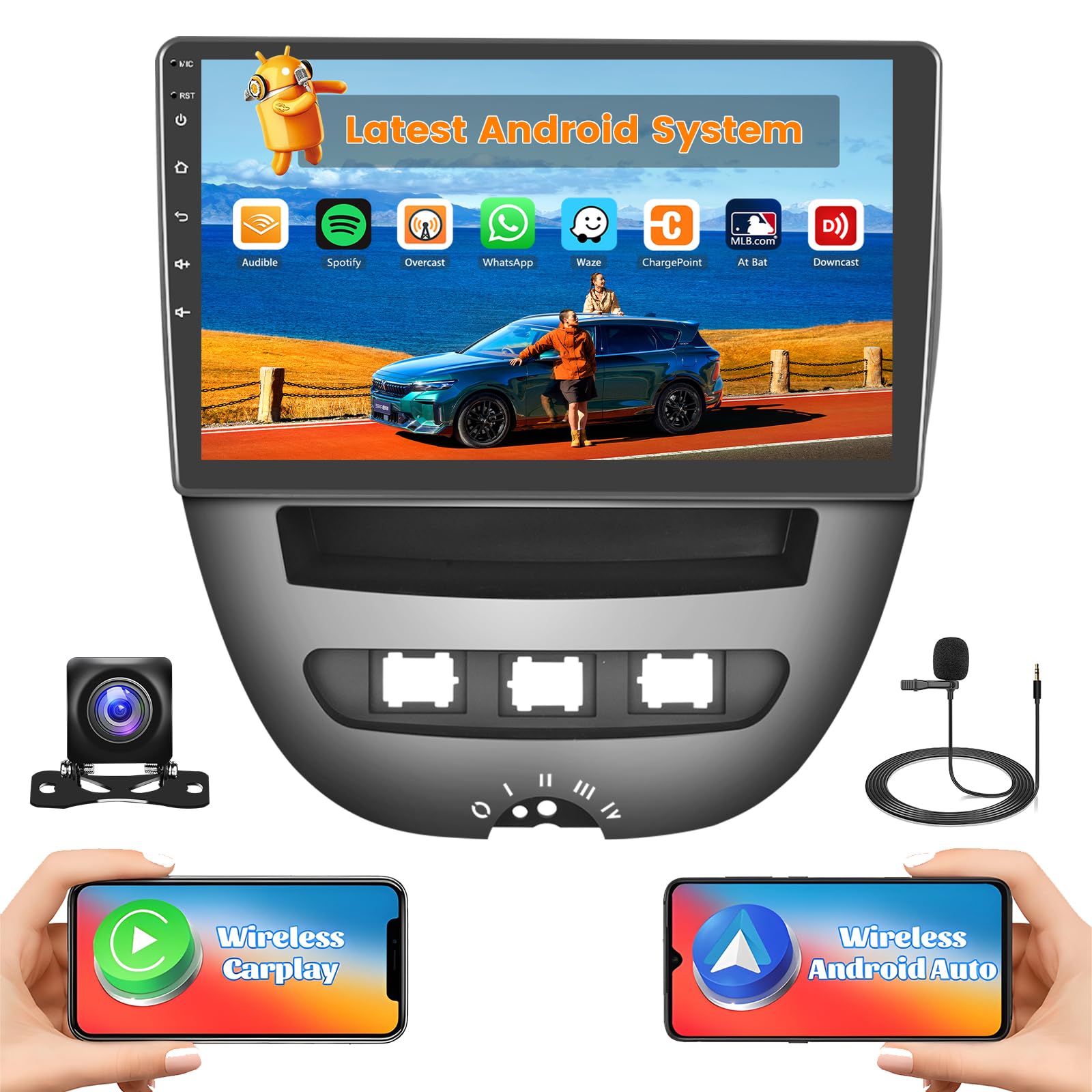 Hikity 2+64G Android 15 Radio Coche para Peugeot 107 / Toyota Aygo/Citroen C1 2004-2014 con 10,1" Pantalla Táctil, 2 DIN Radio con Carplay inalámbrico Android Auto Radio FM/RDS BT GPS WiFi +Cám+Mic