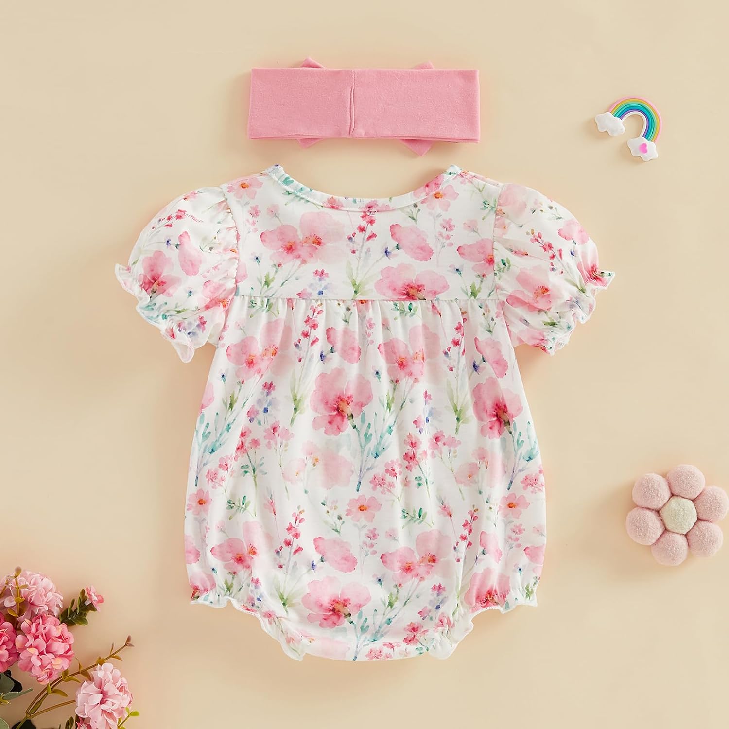 Fanvereka Infant Baby Girls Summer Outfits Romper Newborn 3 6 12 18 Months Girl Short Sleeve Floral Jumpsuit Headband Set
