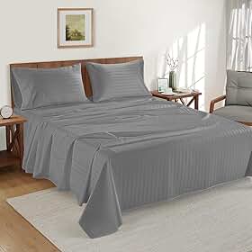 Jogo Lençol 4 Peças Listrado Lunna Cama Casal Queen Percal 400 Fios Macio Resistente COR (CINZA)