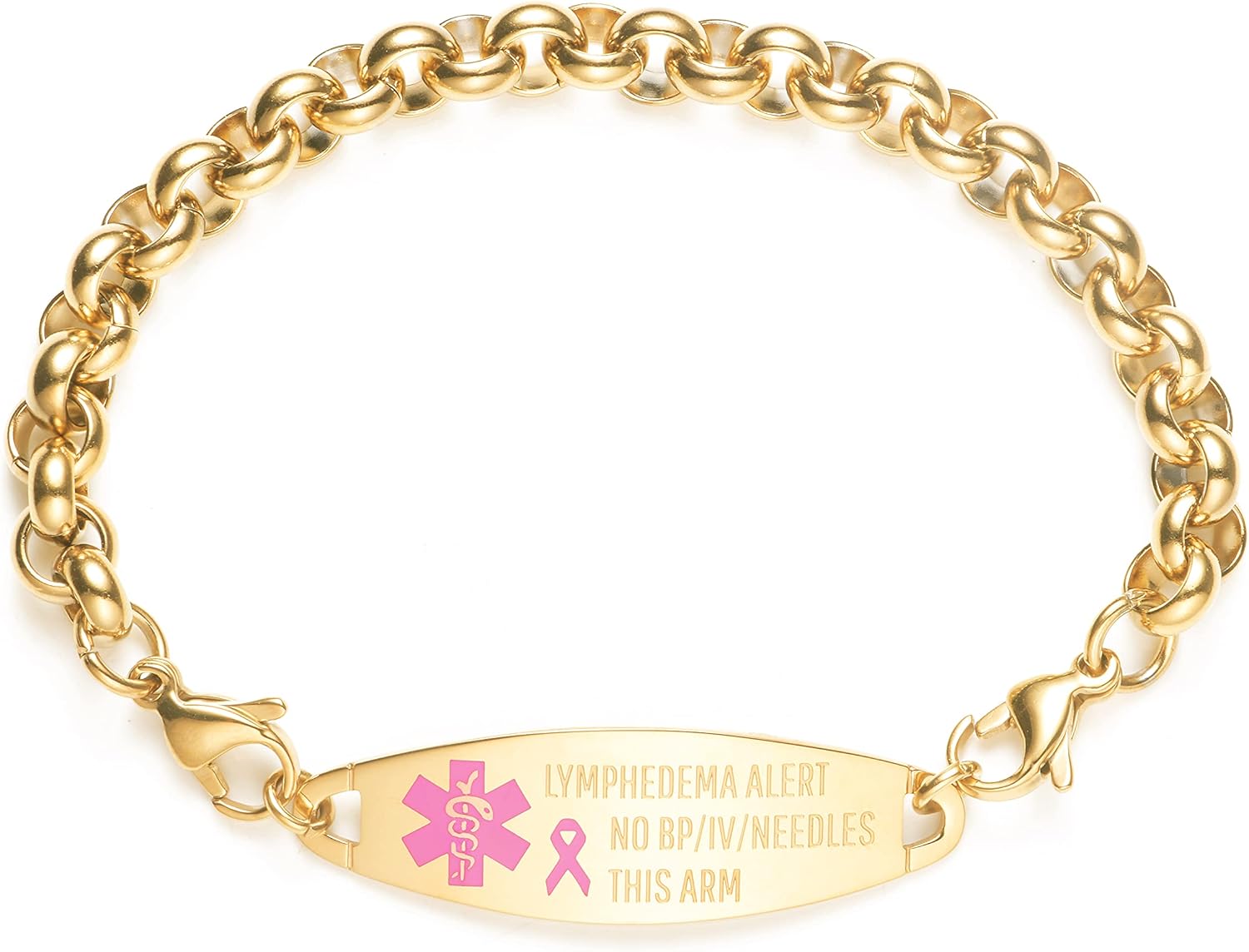 Medical ID Gold Stainless Rolo Pink Symbol Lymphedema No BP IV Bracelet