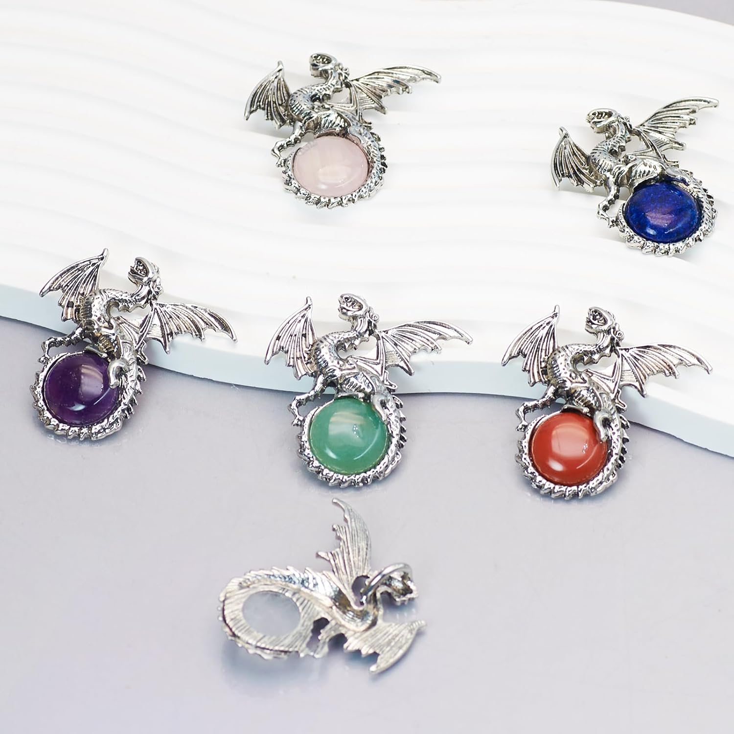 6 Pieces Crystal Dragon Pendants Natural Cabochon Shape Gemstone Alloy Dragon Jewelry Charm for Jewelry Making Necklace - Image 3