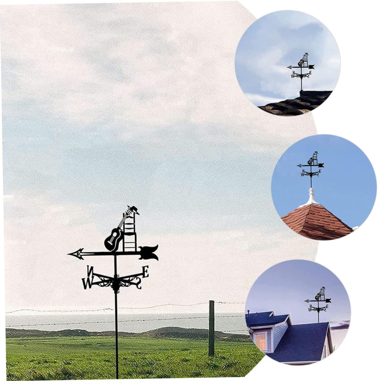 KICHOUSE Vintage Metal Guitar Garden Weathervane Outdoor Patio Wind Direction Indicator with Ground Stake Decorative Weather Vane for Yard and Roof