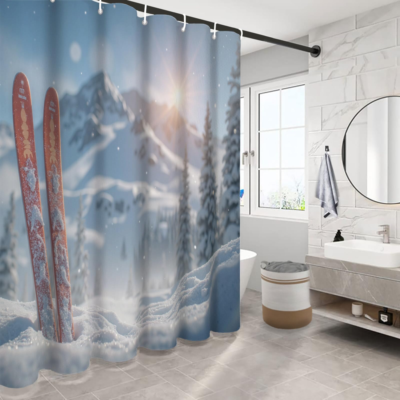 Rideau Douche,Rideau Baignoire Lavable en Machine Rideaux Douche Tissus Lavable Rideau De Baignoire Lavable pour Salle De Bain Domicile Baignoire Famille,Champ De Neige De Montagne,