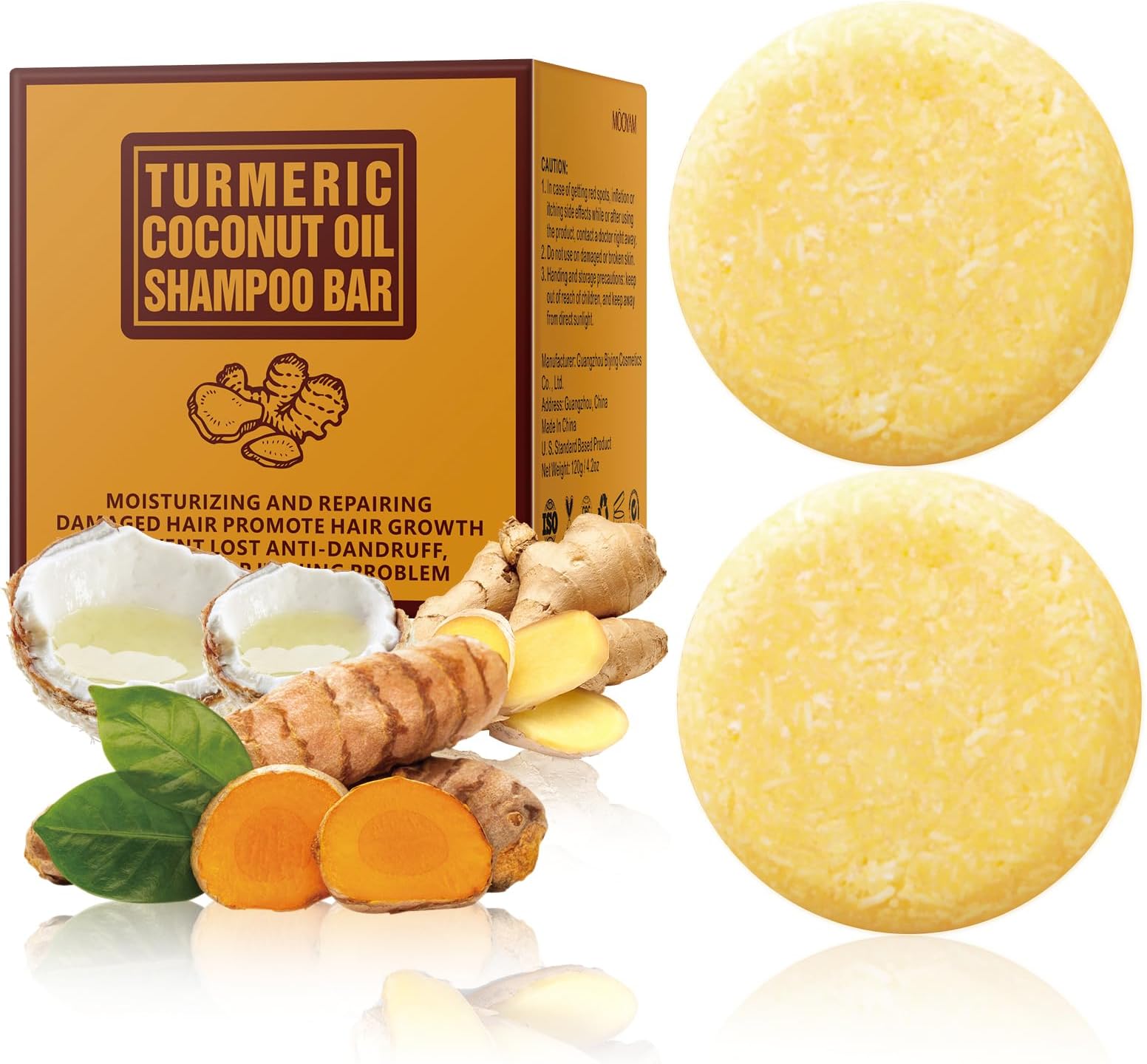 Tamoskiny Ginger Hair Regrowth Turmeric Shampoo Bar with Coconut Oil, Natural Organic Ginger,120g 2 Pack
