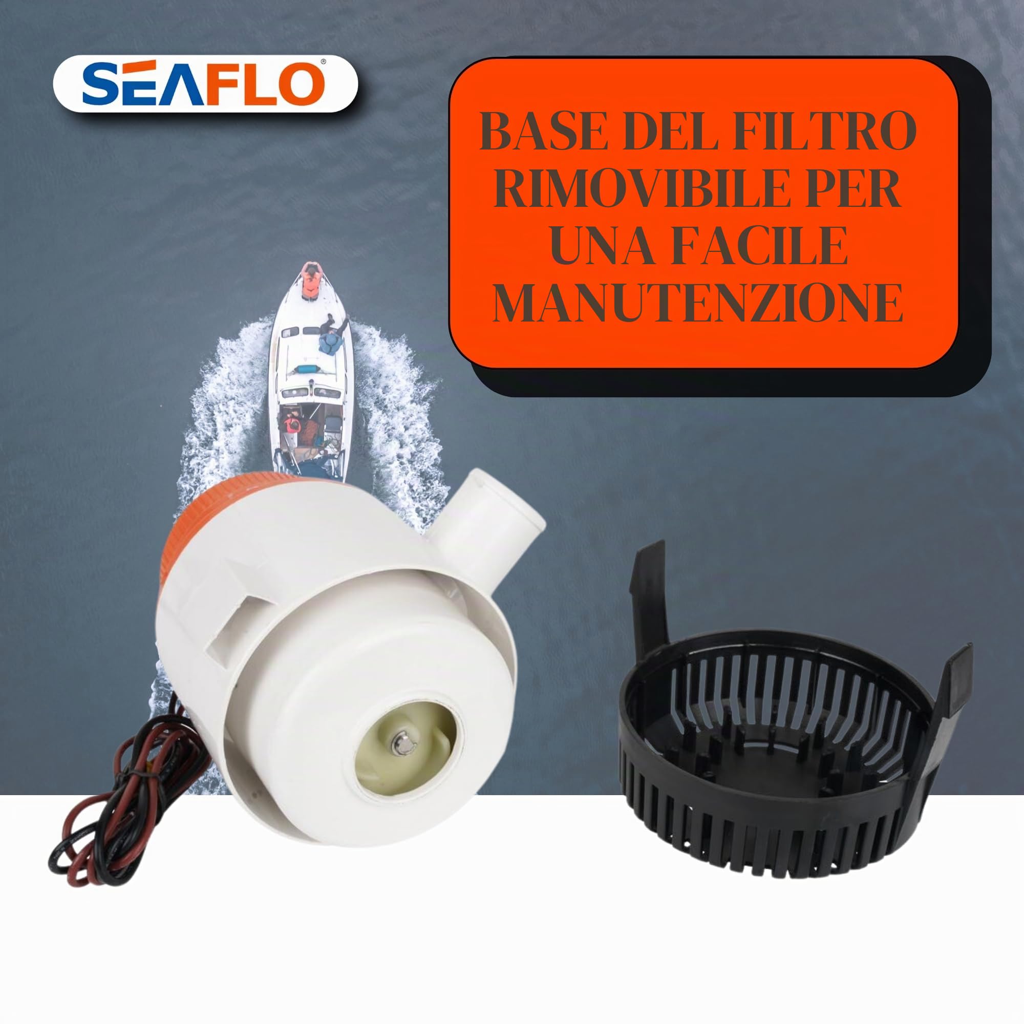 SEAFLO Pompa di sentina 01 Series 4700 GPH - 12 V, uscita da 2", pompa sommergibile marina, protezione anti-sas, base filtro rimovibile, certificato CE e RoHS