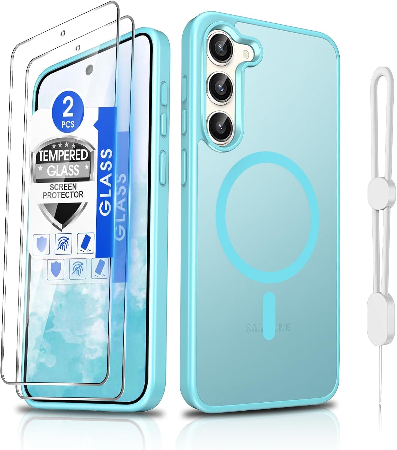 Dizn Magnetic for Samsung Galaxy S23 Plus Case [Not Fit S23],with Tempered Glass Screen Protector,Strap,Compatible with MagSafe,Matte Translucent Cover &amp; Military Grade Shockproof for S 23+ Plus,Teal