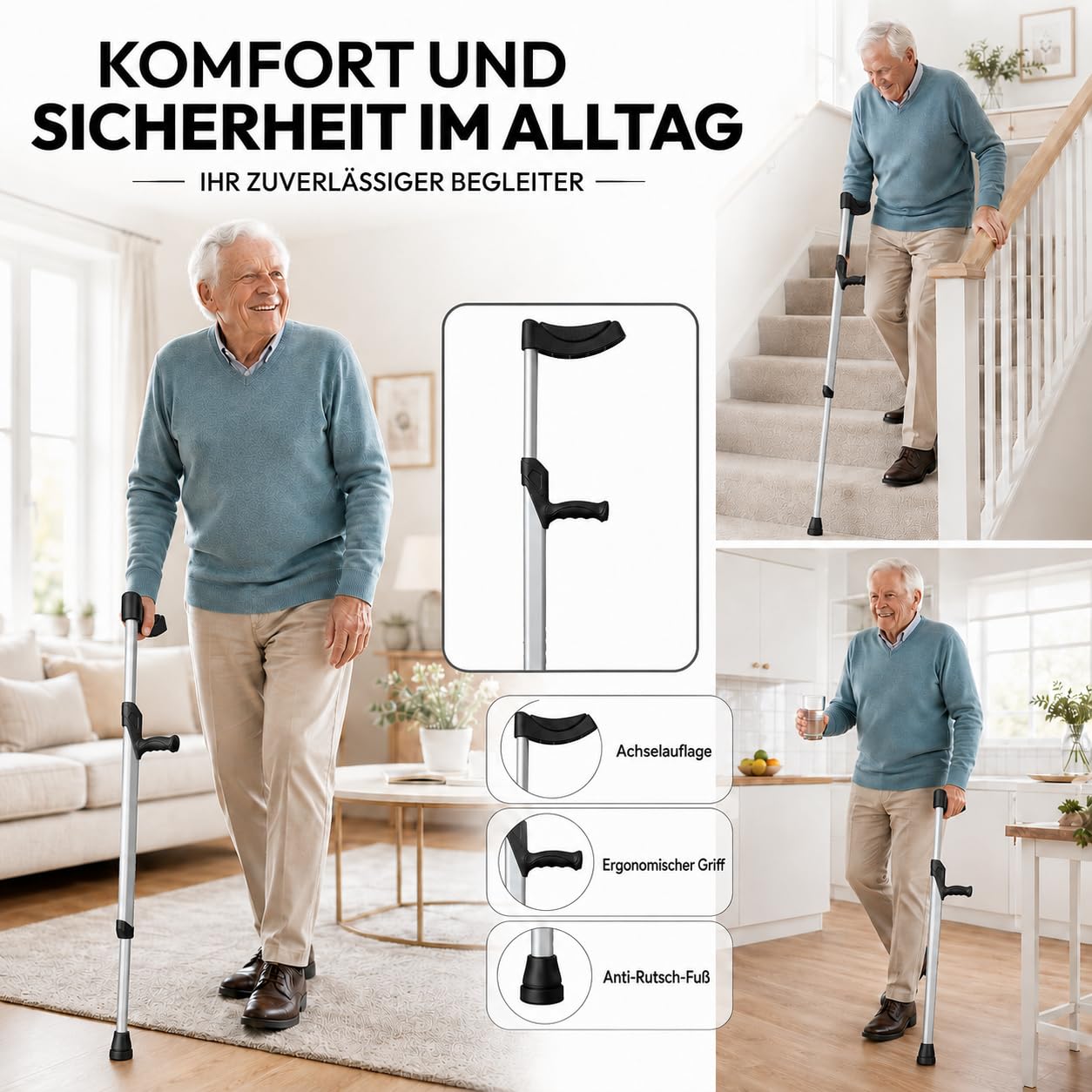 Muletas para antebrazos, 80 – 100 cm, antideslizante, 700 g | Andador de altura ajustable para adultos y personas mayores con reposamuñecas, pie antideslizante y solo 700 g de peso.