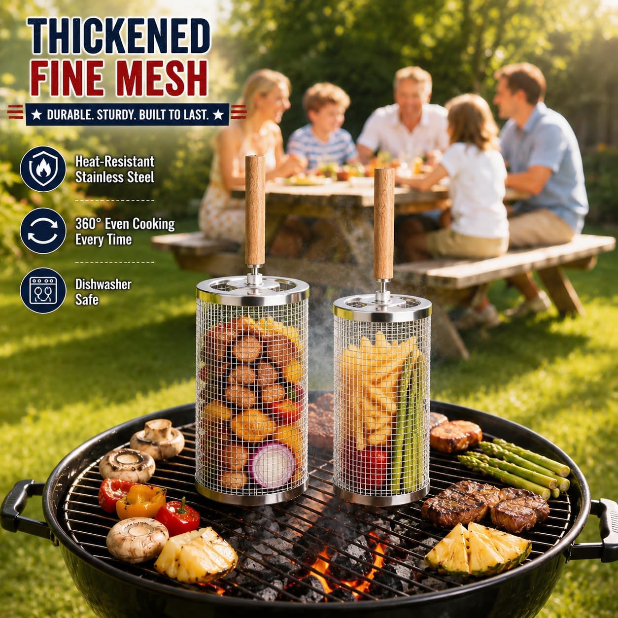 Rolling Grill Basket 2-Pack 304 Stainless Steel Net with Handle image 5