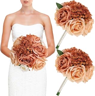 Wedding Bridesmaid Bouquets Set of 2, Artificial Silk Flowers Arrangement for Ceremony Marriage Proposal Party Anniversary Decorations - Burnt Orange
