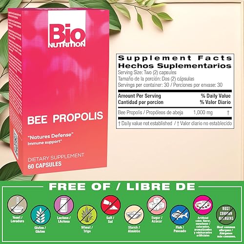 Miniatura 2 de Bio Nutrition Bee Propolis, cápsulas de suplemento de apoyo inmunológico de defensa natural de 1000 mg, 60 Ea, 60 unidades