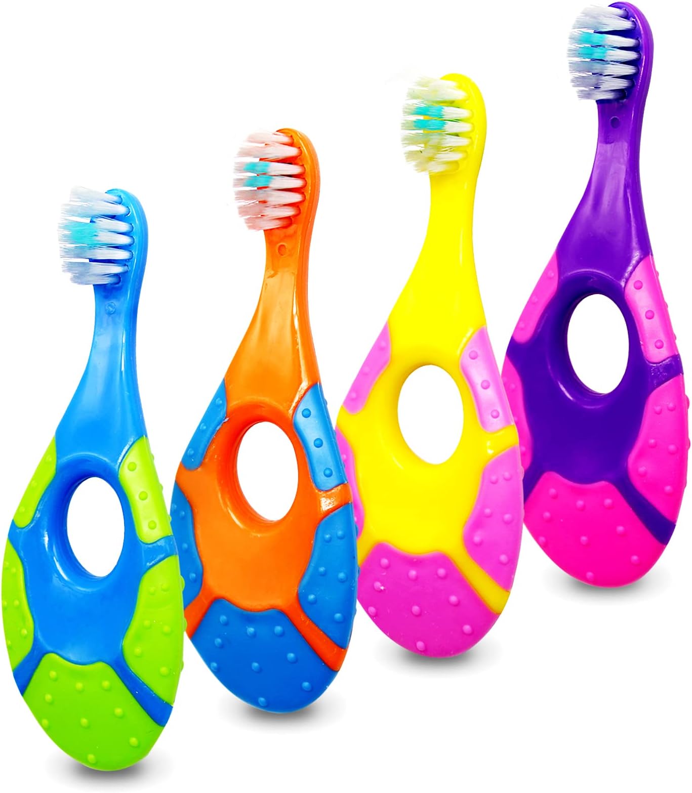 Uooker 4Pcs Baby & Toddler Toothbrush for 3 Years Old, Teething Finger Handle BPA Free with Baby Toothpaste Indicator, Extra Soft Bristles, Infant Toothbrush Teether (Random Color)