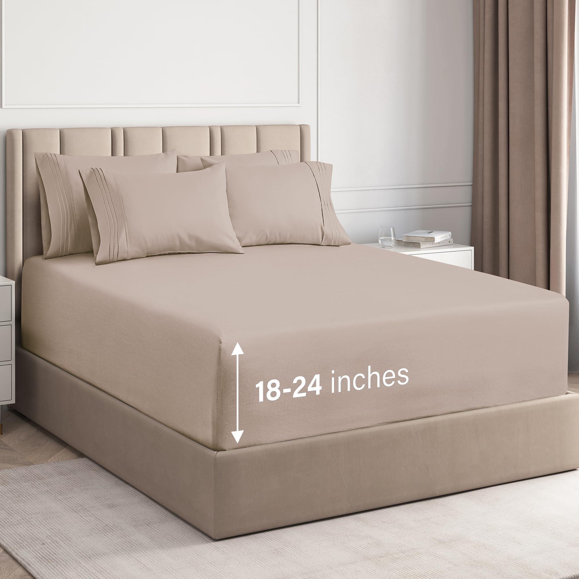 Extra Deep Queen Sheet Set - 6 Piece Breathable & Cooling Sheets - Hotel Luxury Bedding Set w/18-24 Inch Extra Deep Pockets - Easy & Secure Fit - Super Soft, Wrinkle Free & Comfy - Wheat, Queen SizeOEKO-TEX MADE IN GREENOEKO-TEX MADE IN GREENOEKO-TEX MADE IN GREEN