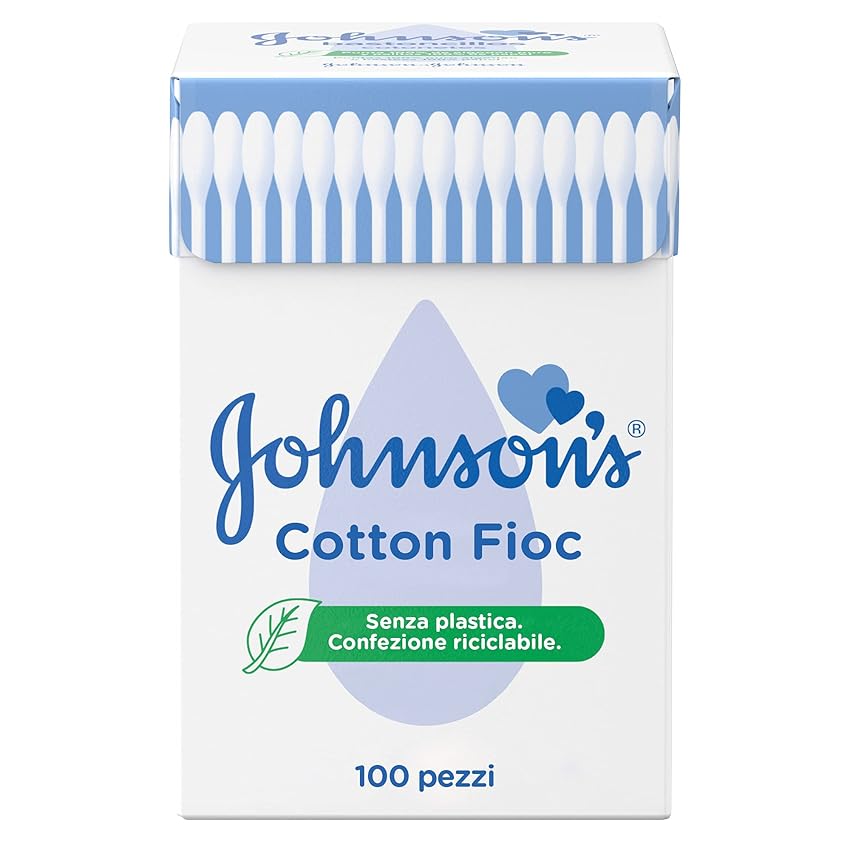 Johnson's Baby Cotton Fioc, Cotton fioc morbidissimi per la pulizia delle aree delicate, Cotton fioc neonato e adulto, Bastoncini in carta e cotone per la pulizia orecchie delicata, 100 Pezzi