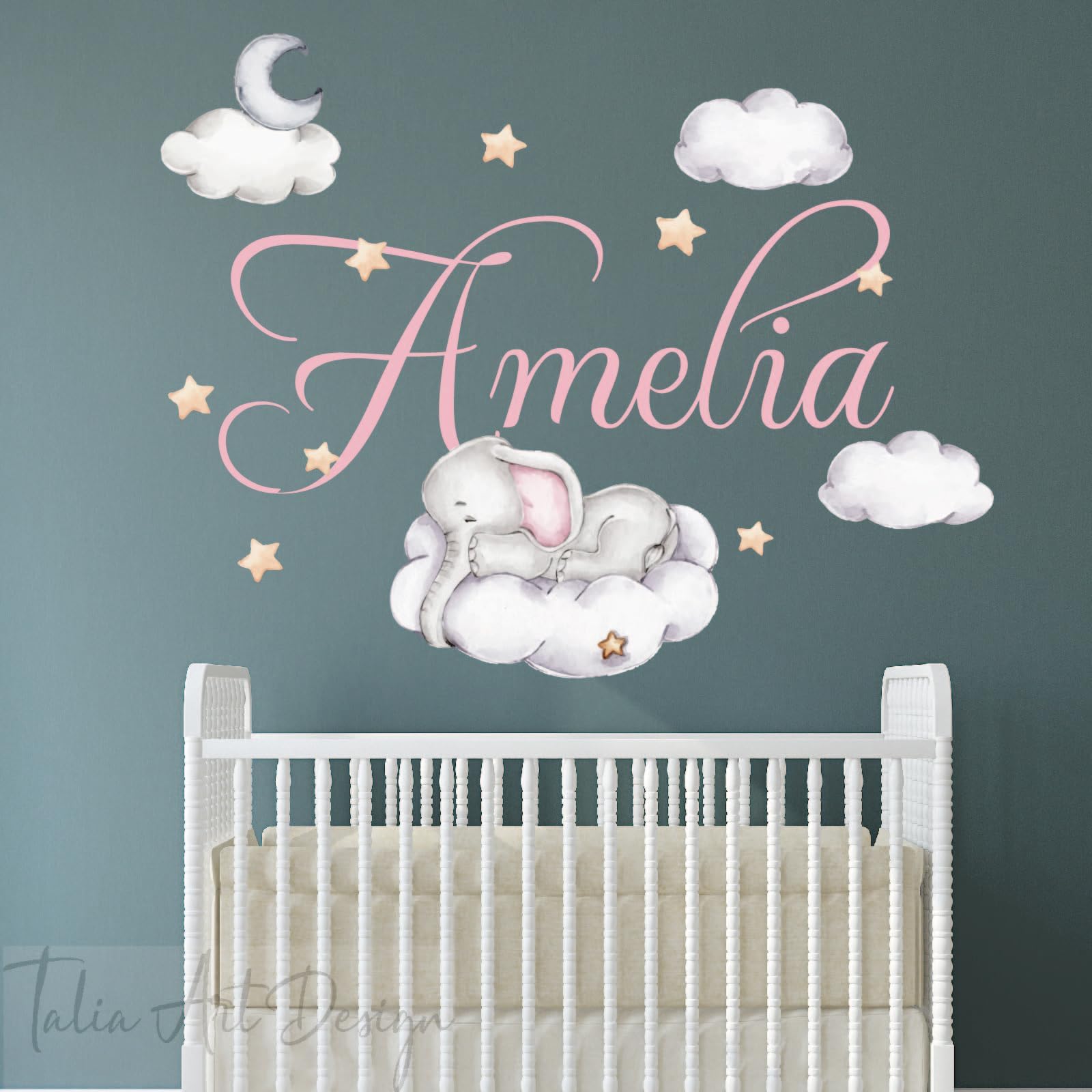 Personalized Kids Name Watercolor Sleeping Elephant Nursery Wall Decals - Baby Shower Crib Decor & Toddler Room Wall Stickers