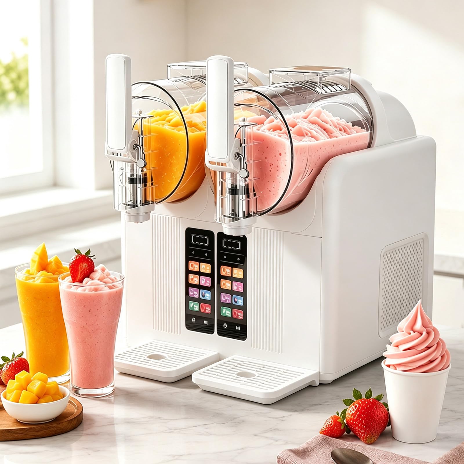 Slushie Maker Machine, Dual 2l Tanks for Soft Serve and Slush Drinks White