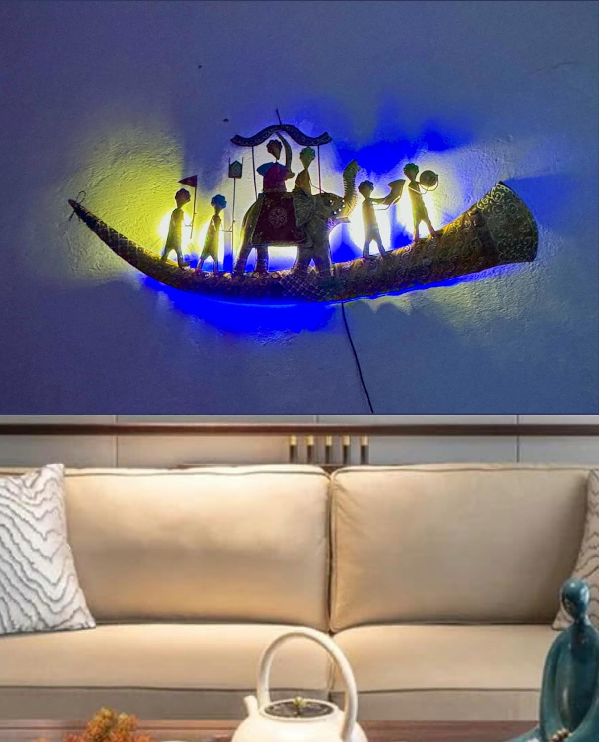 RSN Premium Metal Wall Decor with Back LED Light (46x19 Inch) β Royal Elephant Baarat Scene, Handcrafted Rajasthani Wedding Procession Art, Multicolor Wall Hanging for Living Room & Hall Decor 4