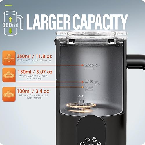 Miniatura 4 de Puldoum Espumador de leche eléctrico y vaporizador  Máquina de espuma caliente y fría de 11.8 onzas  Espumador automático 4 en 1 con dos batidores,