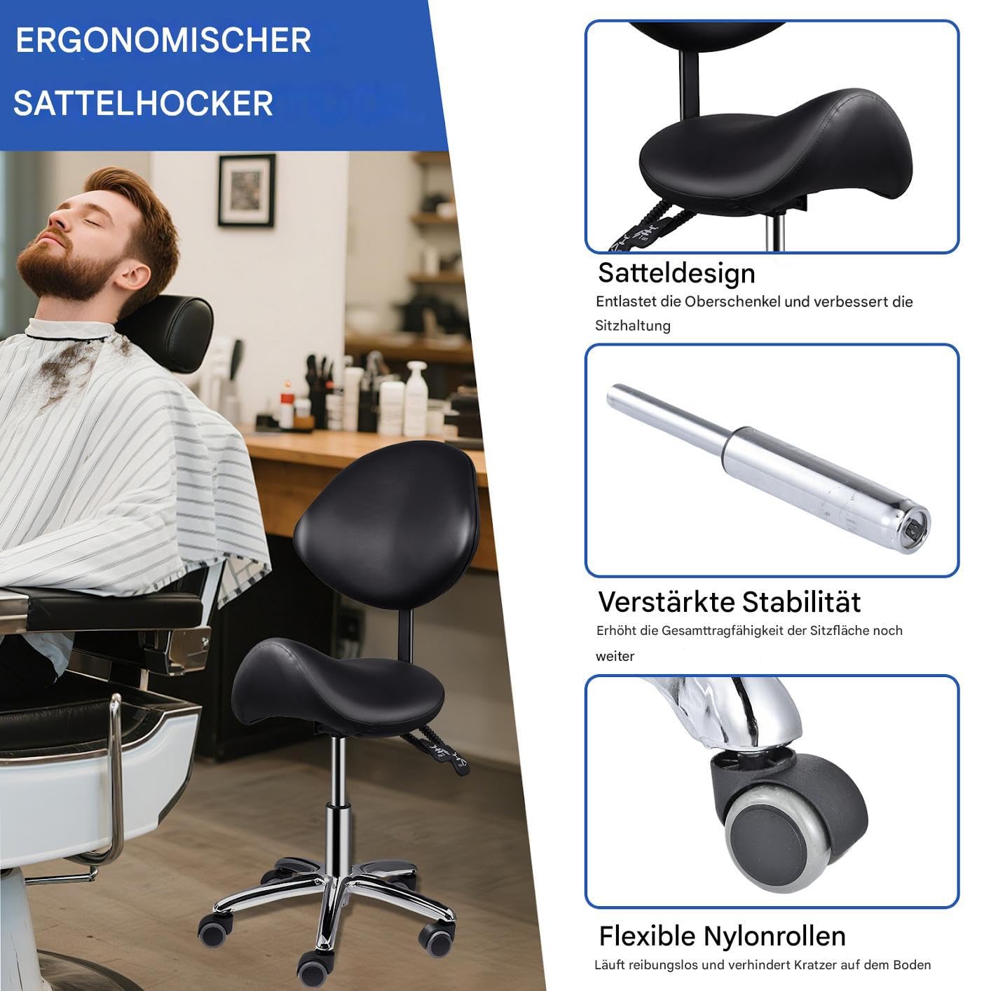 Taburete de silla de montar | Taburete de salón con respaldo y ruedas,Asiento de sillín robusto para cosmetólogos | Para el hogar, dentista, oficina, cocina