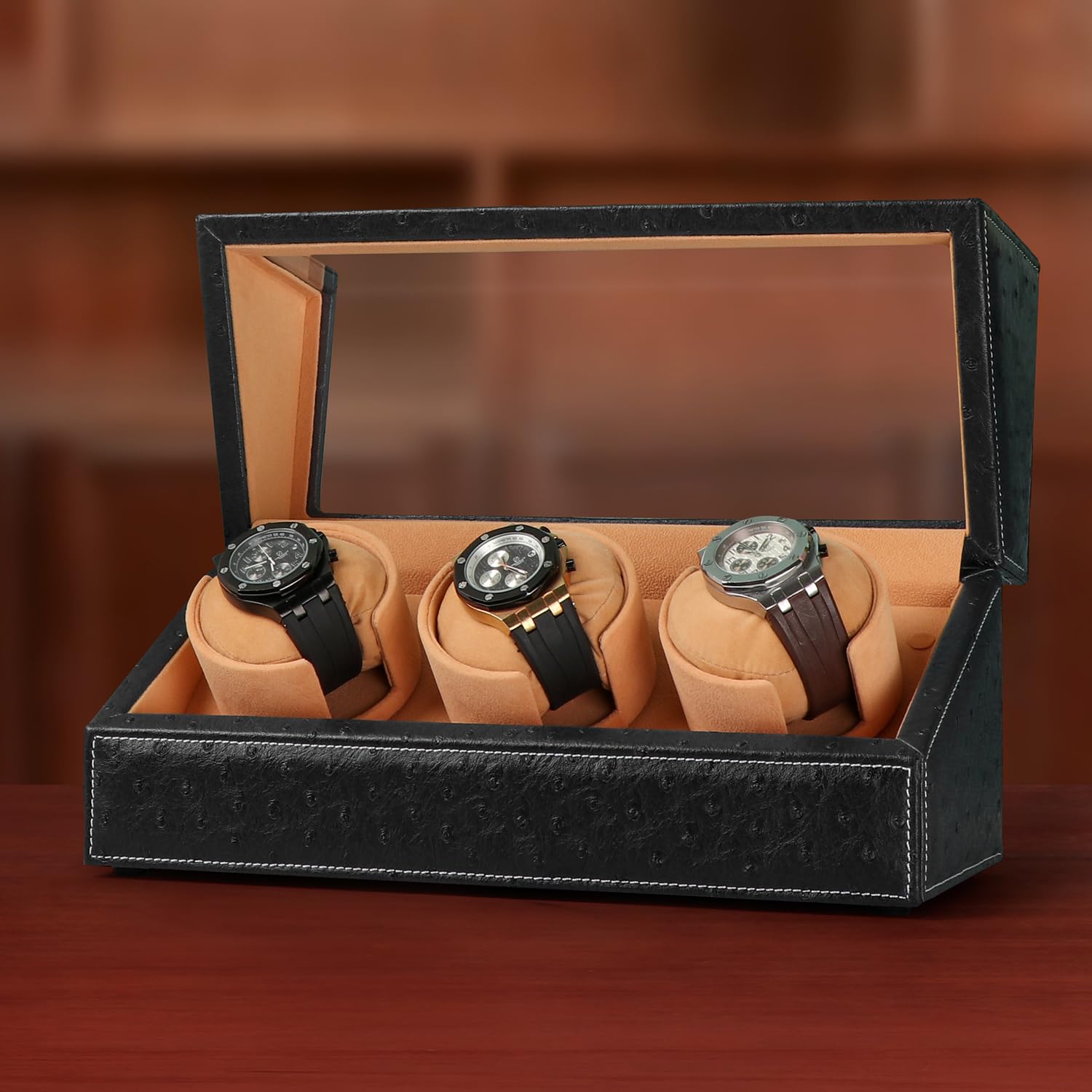 Caricatore automatico per orologi Rolex e altri orologi di lusso, carica automatica con motore silenzioso, esterno in pelle di struzzo nera di alta qualità e morbidi cuscini flessibili in