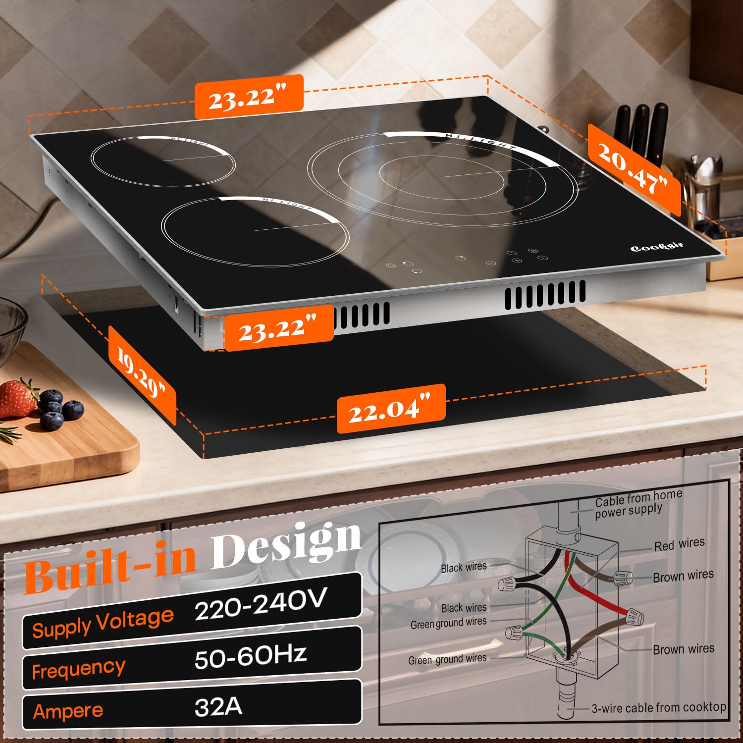 Płyta ceramiczna, 3-strefowa 5700W, 60 cm kuchenka elektryczna wbudowana, dotykowa, 9-poziom mocy, 99 MinutenTimer, bez wtyczki
