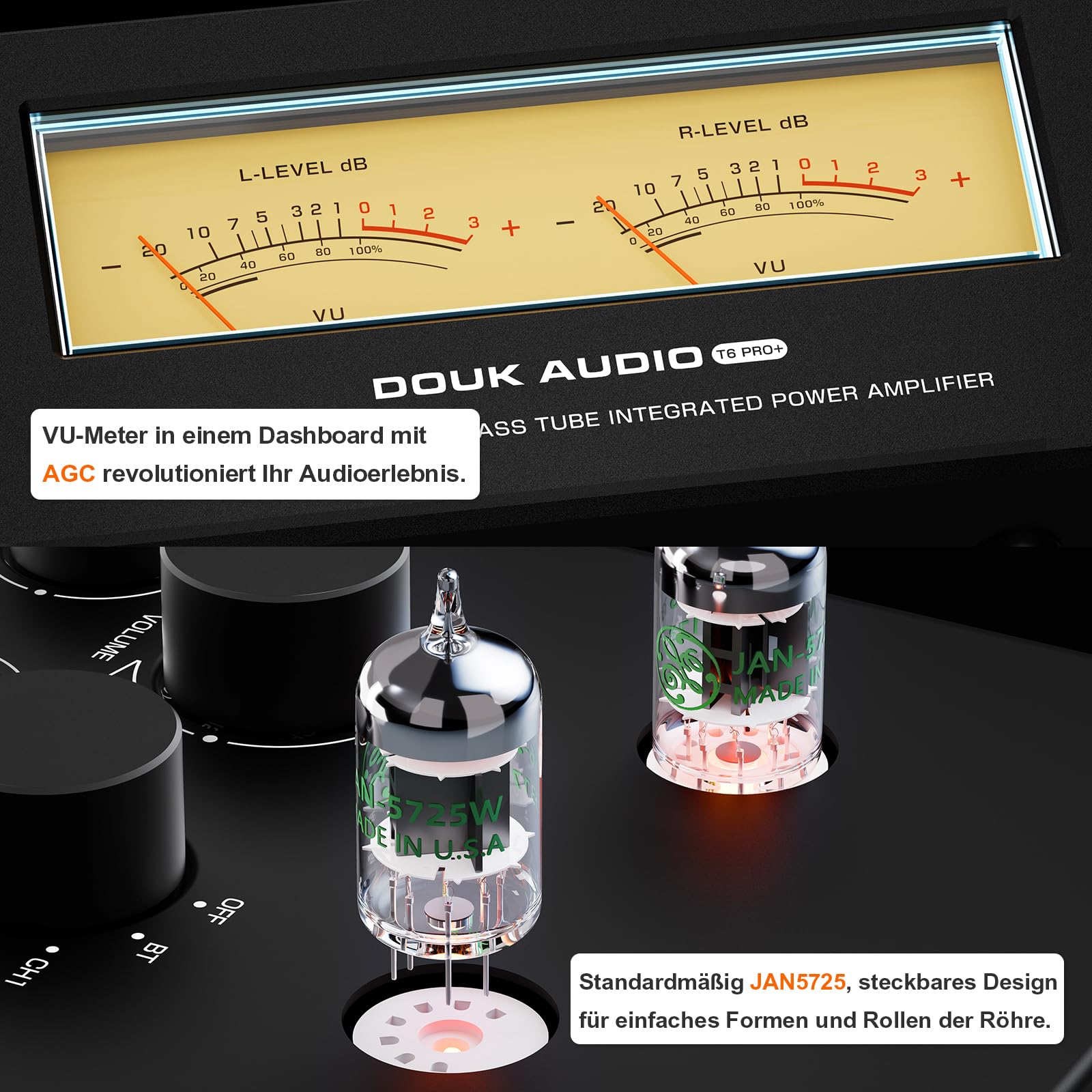 Douk Audio T6 PRO wzmacniacz rurowy Bluetooth: 300 W x2 TPA3255 2-kanałowy wzmacniacz stereo – podwójny miernik VU i Super Bass – do kina domowego i systemów Hi-Fi (żółty)