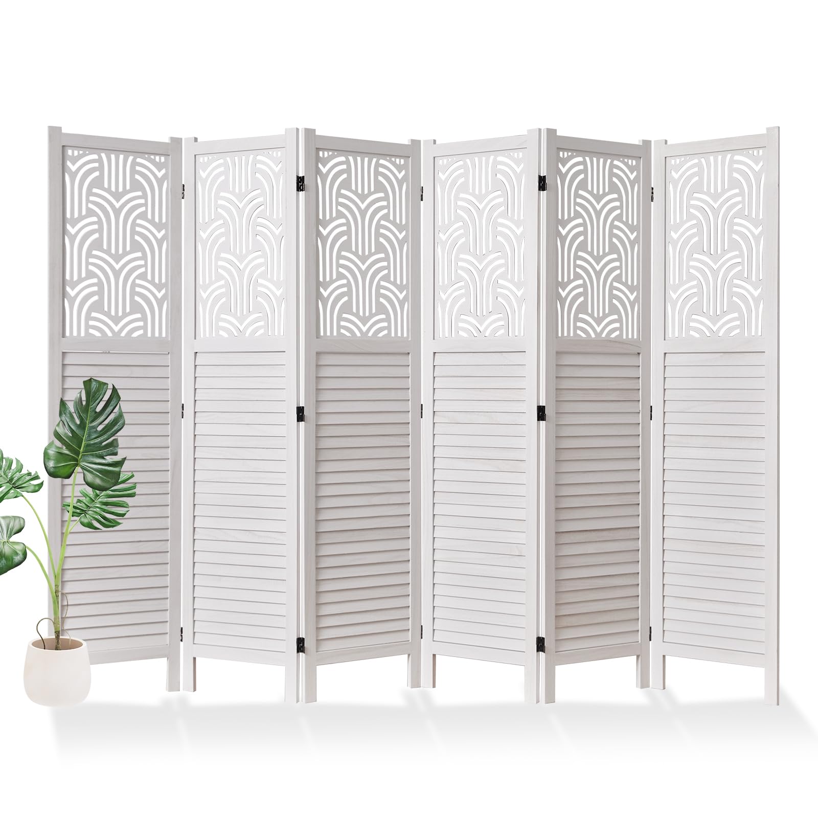 Svimi Folding Room Divider, 66.9 Inch 6 Panels Wood Carved Privacy Screens, Free Assembled Freestanding Portable Separation Wall for Home Office