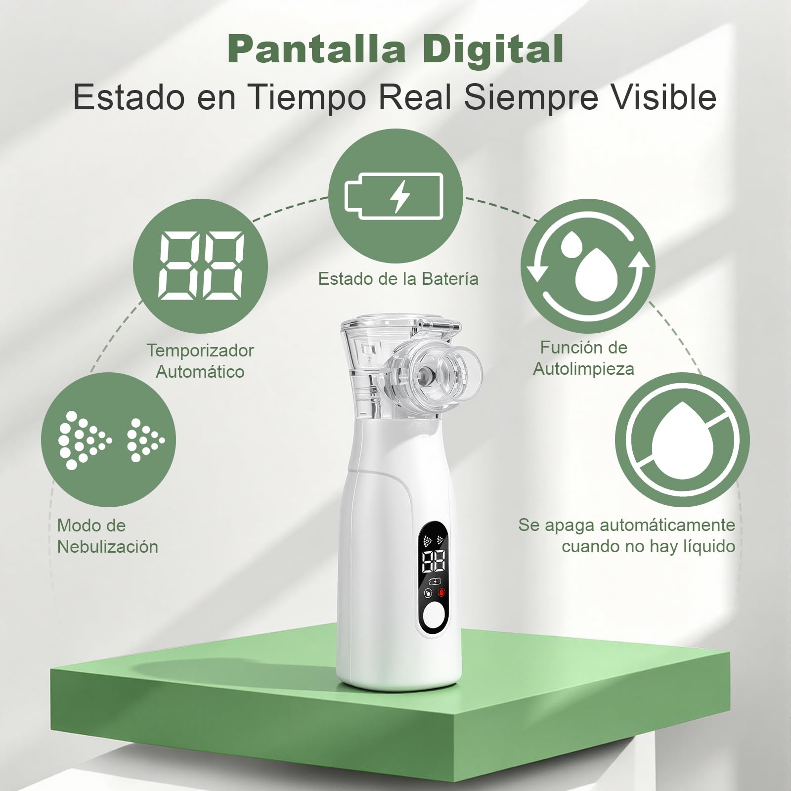 Nebulizador Portátil para Adultos y Niños | Pantalla digital inteligente. Función autolimpiable. Recargable. Silencioso. Incluye 2 mascarillas y 1 boquilla.