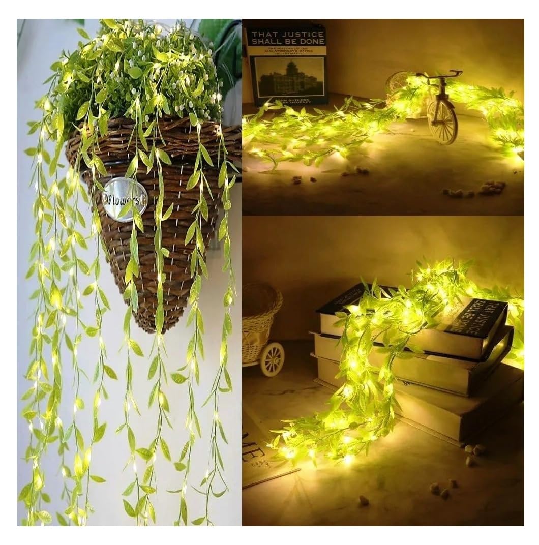 Velocious Artificial Leaf Curtain String Lights for Decoration 200 Warm White LED Green Vine Hanging Lights Plug-in Fairy Curtain Lights for Wall, Bedroom, Balcony, Diwali, Christmas, Wedding Lighting
