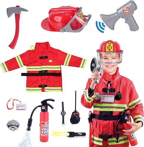 Disfraz de bombero de 10 piezas incluye casco para niños, bombero de simulación de juego de roles para niños, niños y niñas, traje de jefe de