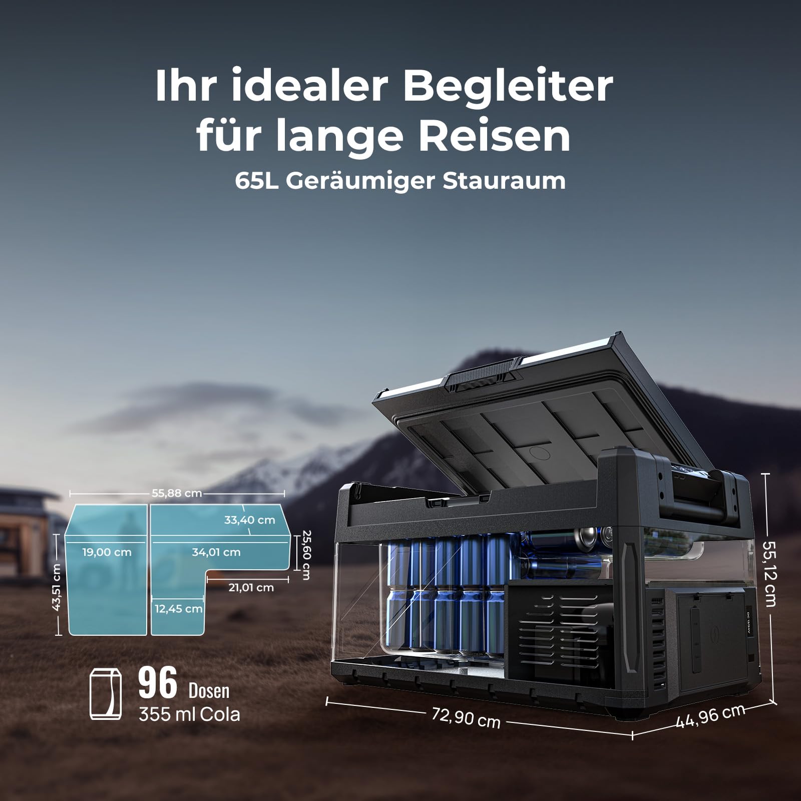 BougeRV Rocky V3.0 65L Auto Kühlbox mit Gefrierfach, Dual Zonen Kompressor Kühlbox 12V/24V 230V mit APP-Steuerung Metallgehäuse IPX4 Auto Kühlschrank für Camping Reisen Boot Angeln, -20℃~20℃