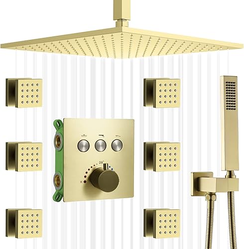 AYIVG Sistema de chorros de ducha de oro cepillado, sistema termostático de ducha de lluvia de montaje en techo, cabezal de ducha de lluvia de 12