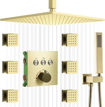 AYIVG Brushed Gold Shower Jets System Thermostatic Rain Shower System Ceiling Mount 12 Inch Rainfall Shower Head With 6 Body Sprays And Handheld Sprayer Shower Set Can Use All Options at A Time