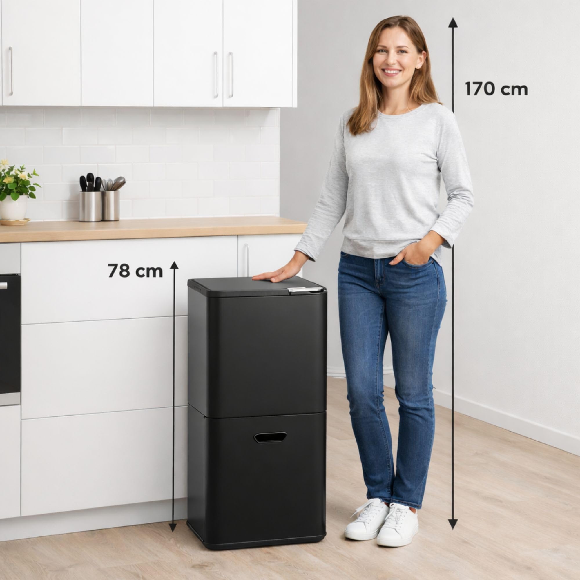 Bayt Poubelle De Tri Sélectif 60 L Pour La Cuisine - Poubelles De Cuisine À Double Bac De 60 Litres Pour Le Tri Des Déchets | Poubelle Verticale En Acier Inoxydable Noir Mat