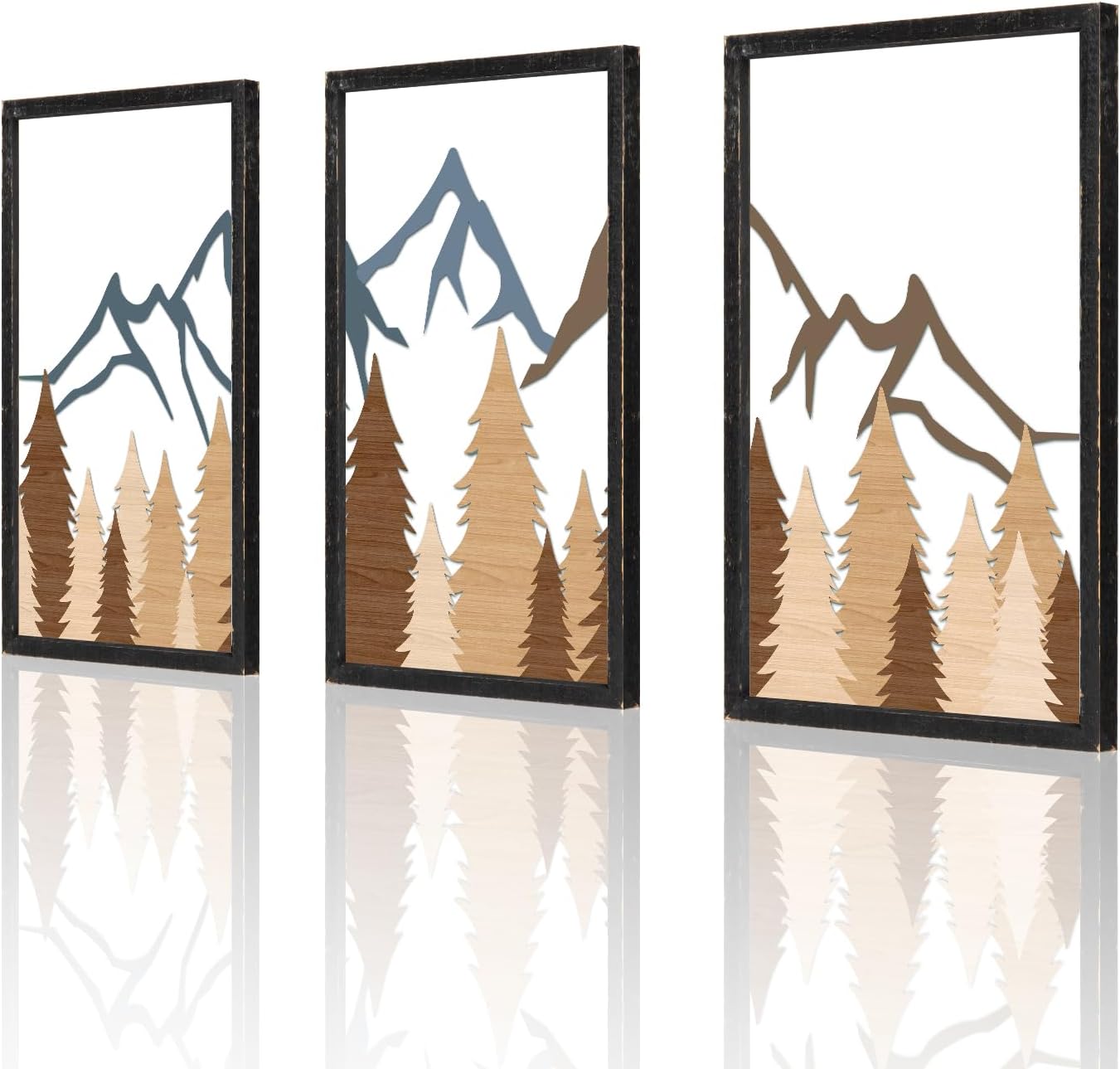 Easozoom Mountain Forest Nature Print Wood Wall Art Decor Rustic Minimalist Western Framed Artwork Set of 3 (16 * 11 Inch) Applies to Living Room Bathroom Bedroom Office Above Bed