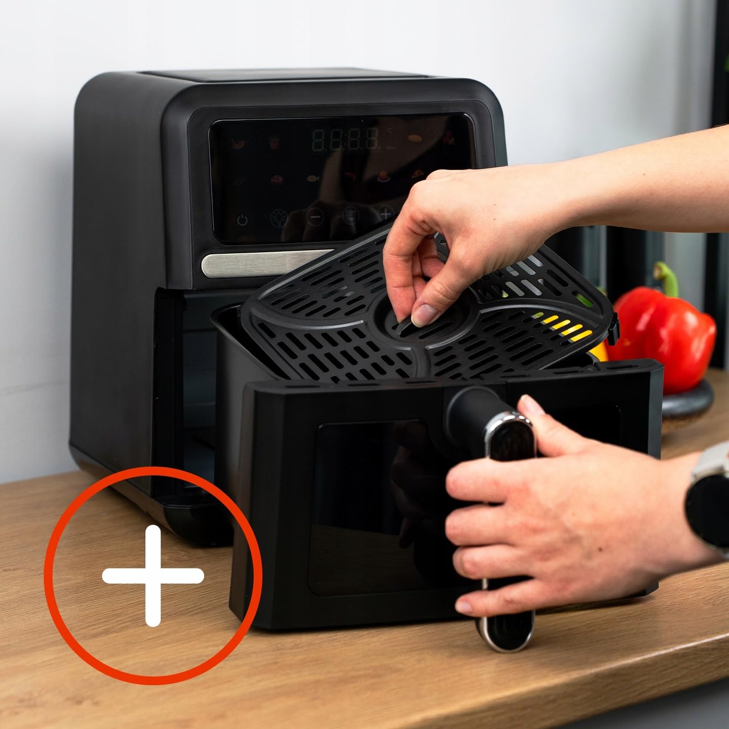 Freidora de Aire 5L 1500W, Air Fryer sin Aceite con 10 Programas Automáticos, 40–200°C, Pantalla LED Táctil, Cesta y Rejilla, Ventana de Visualización, Fácil Limpieza, Compacta, Negro