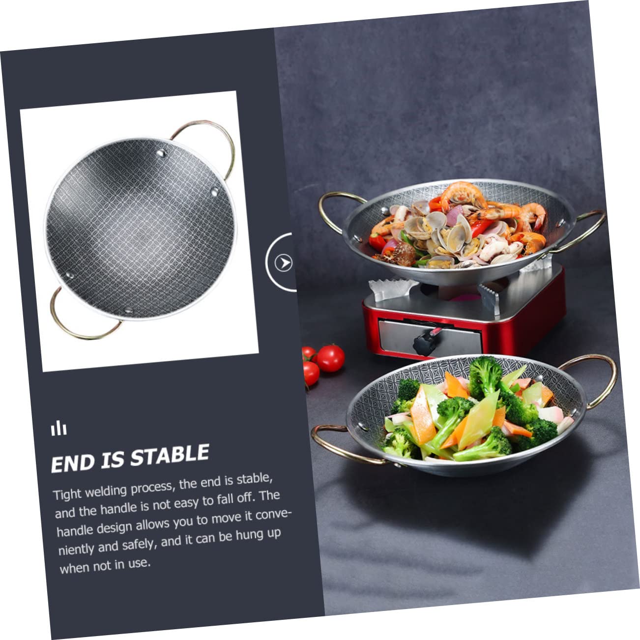 DECHOUS Padella Paella in Acciaio Inox Doppio Manico, Vaschetta | Resistente All'usura, Facile Pulire e Appendere, Adatta per Cucina Domestica e Locale Hot Pot