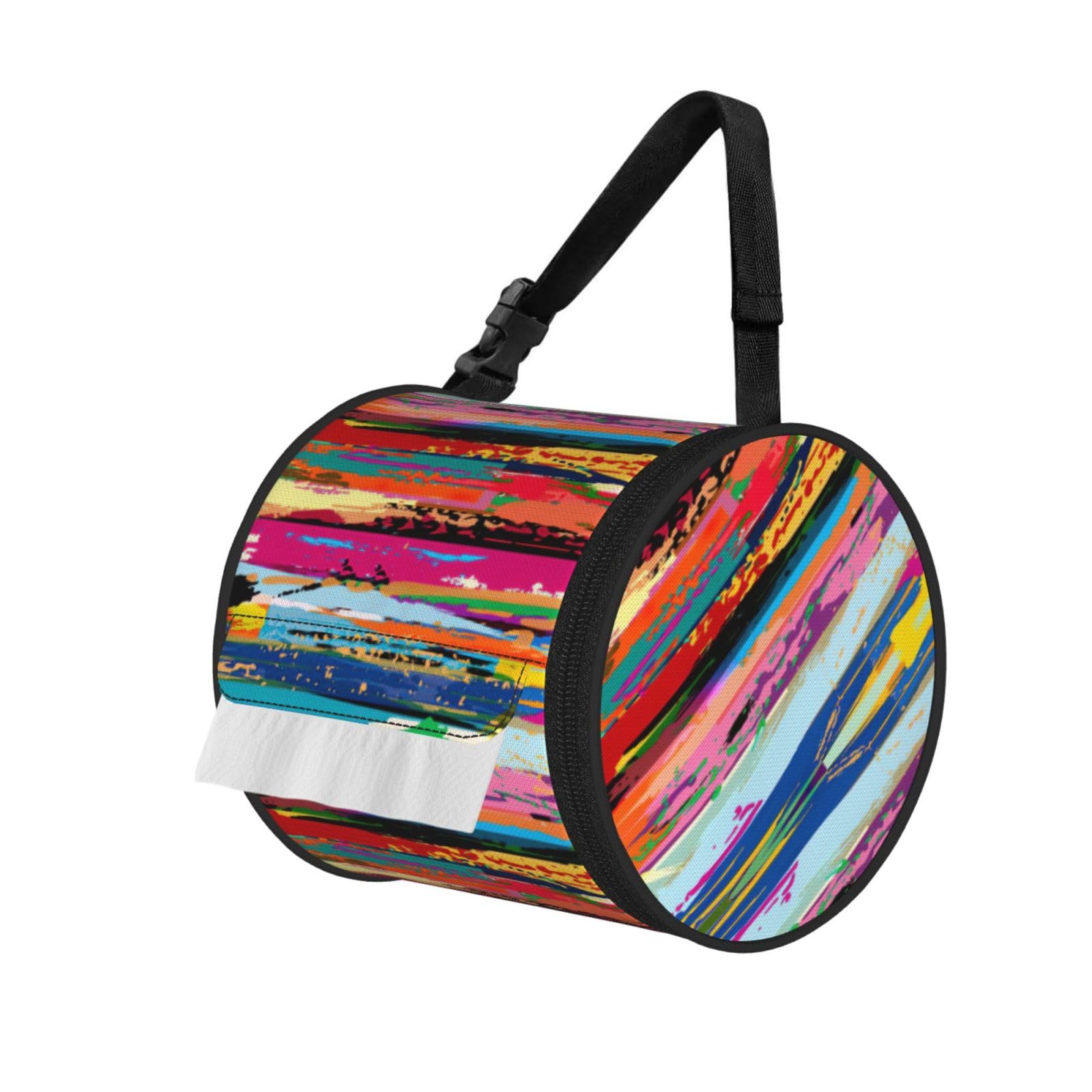 Rainbow Color Print Cylinder Tissue Organizer Bag With Strap, Portable Toilet Roll Holder For Camping Car