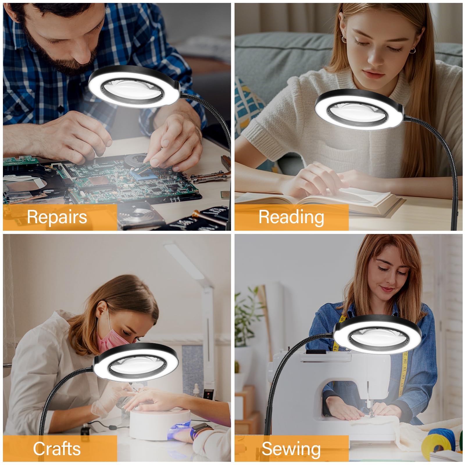 Lampe Loupe sur Pied 10X, 5 Modes de Couleur, Loupe Éclairée à Intensité Variable avec Support