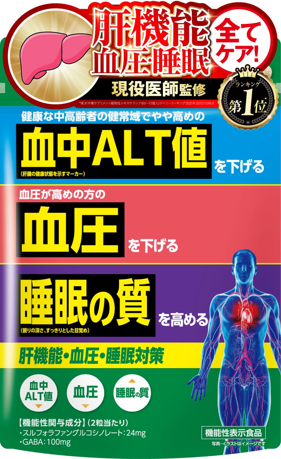 肝機能・血圧・睡眠対策 肝臓 肝機能 サプリ 血中ALT値を下げる 血圧を下げる…