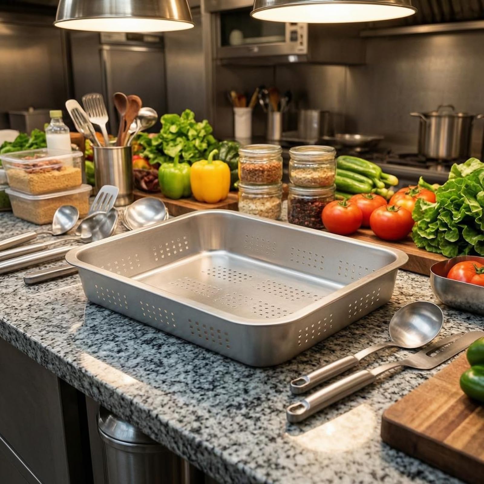 Vassoio Fondo Piatto Angoli Arrotondati Finitura Argento Vassoio Forato in Acciaio Inox Ventilato Recipiente, Vassoio Quadrato Perforato 304, 70×50×4.8cm